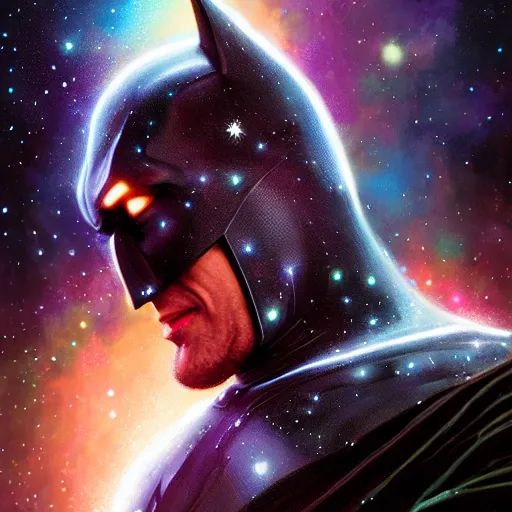 Image similar to Portrait of cosmic Batman, Batsuit made of stars, galaxies, nebulas, intricate, cinematic lighting, highly detailed, digital painting, artstation, concept art, smooth, sharp focus, illustration, art by Artgerm and Greg Rutkowski