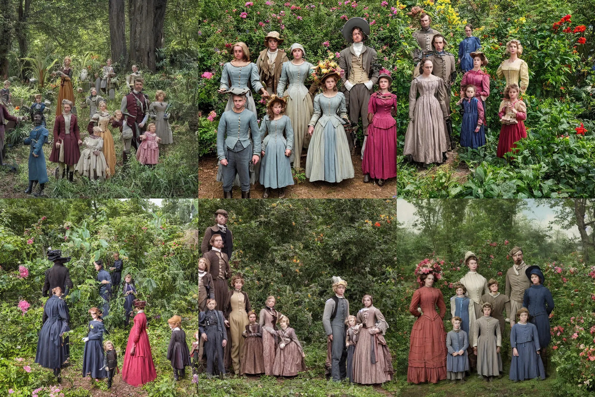 Prompt: sharp, highly detailed, 8182k film, 3500mm film still from a sci fi blockbuster color movie made in 2019, set in 1860, of a family standing in a park, next to some alien plants and flowers, the family are all wearing 1860s era clothes, good lighting, good photography, in focus