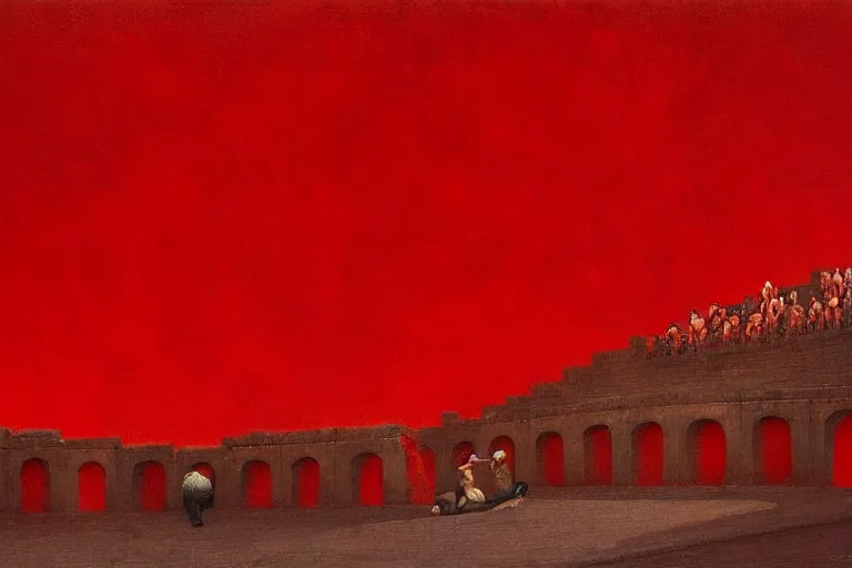 Image similar to only with red, a red great emperor, taormina amphitheatre, expressive crowd hails him, in the style of beksinski, parts by edward hopper, parts by rodcenko, parts by yue minjun, intricate and epic composition, red by caravaggio, insanely quality, highly detailed, masterpiece, red light, artstation, 4 k