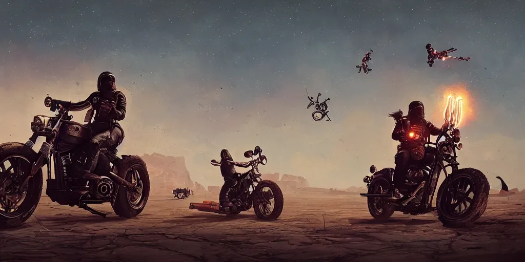 Image similar to american astronaut driving harley davidson motorcycle, tribe members attacking, furious action scene, an epic fantasy, dramatic lighting, cinematic, establishing shot, extremely high detail, photorealistic, cinematic lighting, artstation, octane render, by simon stalenhag, horizon forbidden west