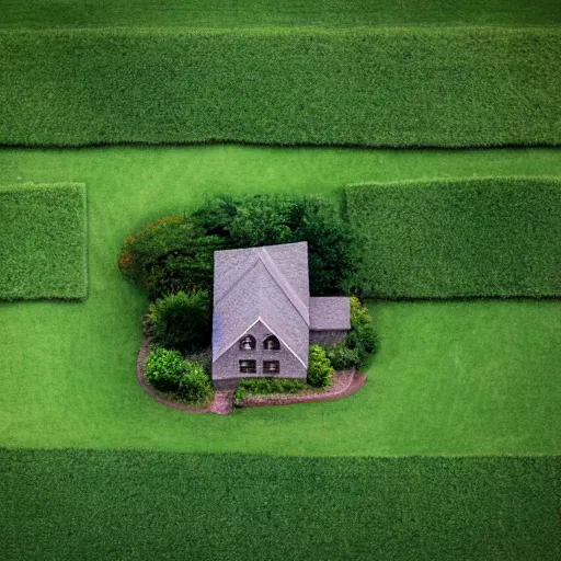 Image similar to an aerial view of a house with a green lawn, a tilt shift photo by david budd, cg society contest winner, romanesque, high dynamic range, made of vines, bryce 3 d