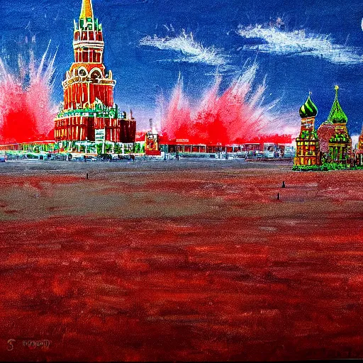 Prompt: huge nuclear explosion, red square moscow, nuclear explosion wave, photorealistic, detailed, masterpiece