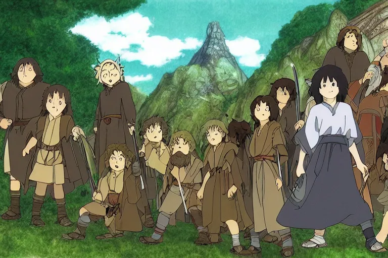 Prompt: tonemapped the fellowship of the ring!! by studio ghibli,