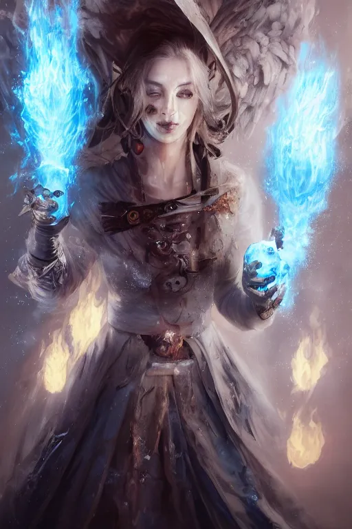 Image similar to beautiful girl necromancer, witch - doctor covered with ice exploding into ice, angels, 3 d render, hyper realistic detailed portrait, holding fire and electricity, ruan jia, wlop. scifi, fantasy, magic the gathering, hyper detailed, octane render, concept art, peter mohrbacher