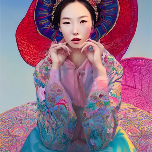 Image similar to A masterpiece portrait of a Incredibly beautiful Chinese girl in national luxurious clothes . Very colorful. Chinese lantern on background. medium shot, intricate, elegant, highly detailed. trending on artstation, digital art, by Stanley Artgerm Lau, WLOP, Rossdraws, James Jean, Andrei Riabovitchev, Marc Simonetti, Yoshitaka Amano