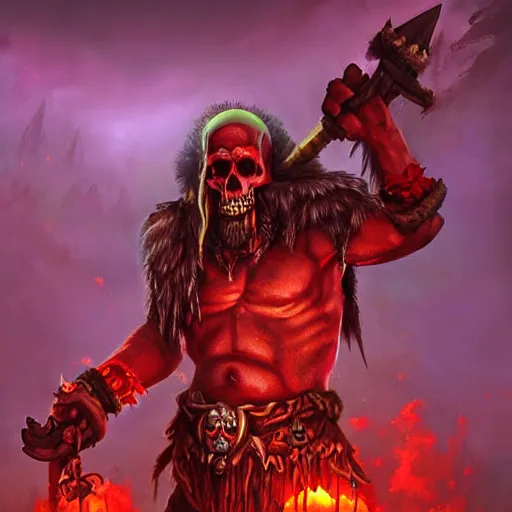 Image similar to red orc shaman, red theme lighting, skull staff, skull garments, battlefield background, in hearthstone art style, epic fantasy style art, fantasy epic digital art, epic fantasy card game art