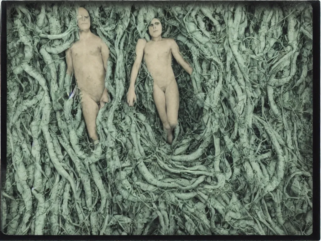 Image similar to medium shot, a human body made by blue vines, creepy, extreme detail, polaroid photo, vintage, neutral colors, by gregory crewdson