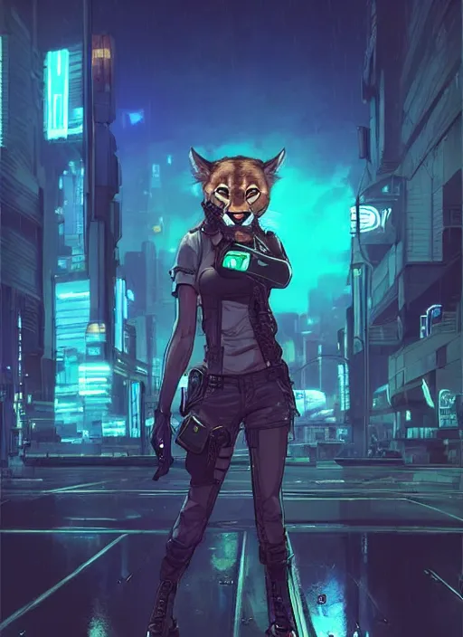 Image similar to beautiful portrait commission of a female furry anthro spotted cougar wearing a bullet proof vest and cargo pants. Cyberpunk city at night in the rain. Neon light. Atmospheric. Character design by charlie bowater, ross tran, artgerm, and makoto shinkai, detailed, inked, western comic book art