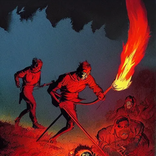 Image similar to torch wielding mob walking up a hill at night. Artwork by Frank Frazetta and dan Mumford. Horror feeling. Red and blue color scheme