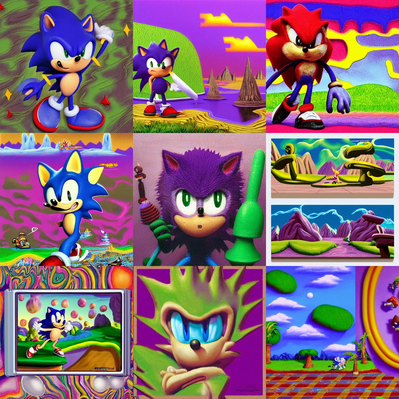 Prompt: clay stop motion claymation portrait of sonic hedgehog and a matte painting landscape of a surreal sharp, foggy detailed professional soft pastels high quality airbrush art album cover of a liquid dissolving airbrush art lsd dmt sonic the hedgehog swimming through cyberspace purple checkerboard background 1 9 9 0 s 1 9 9 2 sega genesis rareware video game album cover