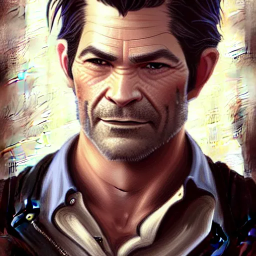 Image similar to A combination of Timothy Olyphant's and Orlando Bloom's and Chris Pine's faces as Nathan Drake, western, D&D, fantasy, intricate, elegant, highly detailed, digital painting, artstation, concept art, matte, sharp focus, illustration, art by Artgerm and Greg Rutkowski and Alphonse Mucha