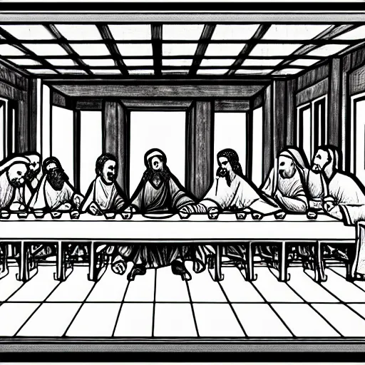 Image similar to single line drawing of The Last Supper, intricate, detailed, monochrome