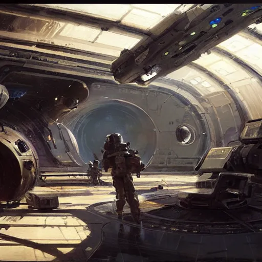 Prompt: spaceship landing on outer ring of a space station, long shadows, by craig mullins, jeremy mann.