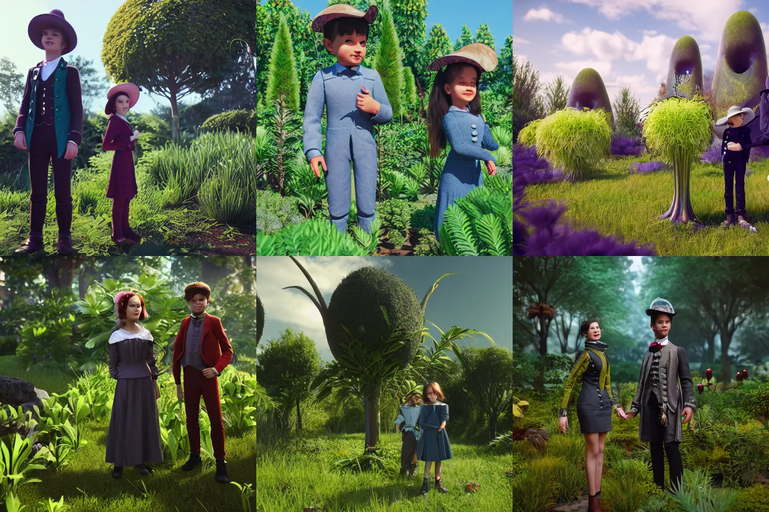 Prompt: a girl and a boy standing next to some alien plants, in a park on a alien planet, looking happy, wearing victorian clothes, ultra realistic facial details, ultra photorealistic raytracing, 8k