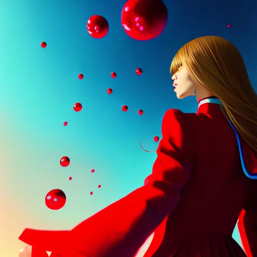 Image similar to giant droplets of water floating around a flying girl with wings, sky blue straight hair, low - angle shot from behind, red tailcoat, high collar, ultra fine detail, dark theme, digital painting, psychedelic, film still, cinematic, wlop, ilya kuvshinov, ross tran