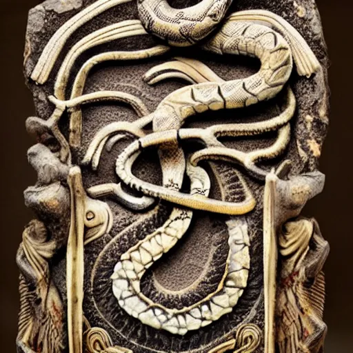 Image similar to serpent king : : grubby, volatile, highly detailed, maximalist : : obsidian carving : : shadows, visual depth, memorial, tomb : :