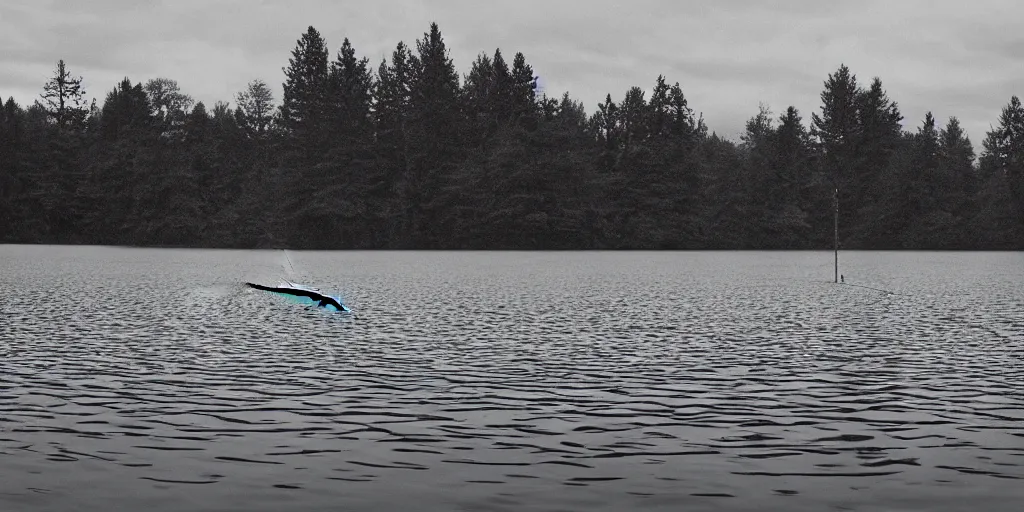 Image similar to centered photograph of a infintely long rope zig zagging across the surface of the water into the distance, floating submerged rope stretching out towards the center of the lake, a dark lake on a cloudy day, color film, trees in the background, hyper - detailed photo, anamorphic lens