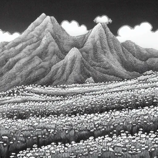 Image similar to Tall mountains, flower field by Kentaro Miura, highly detailed, black and white