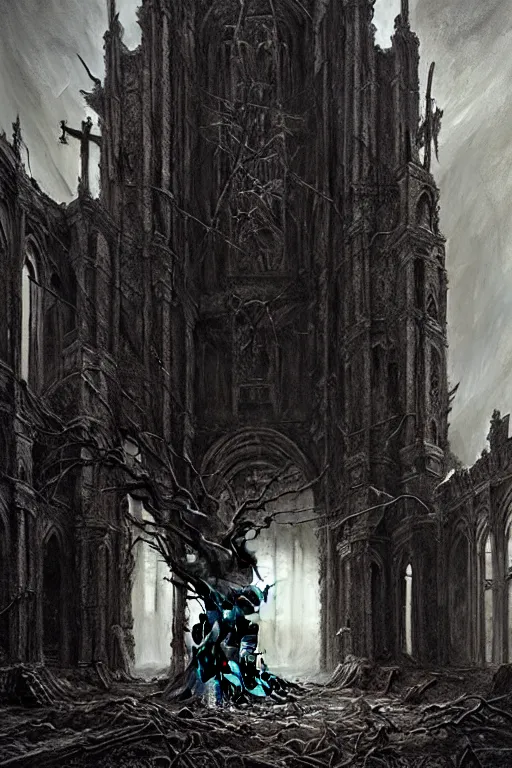 Image similar to abandoned cathedral in hell. guarded by hellhounds. dead tree, by greg rutkowski, giger, maxim verehin