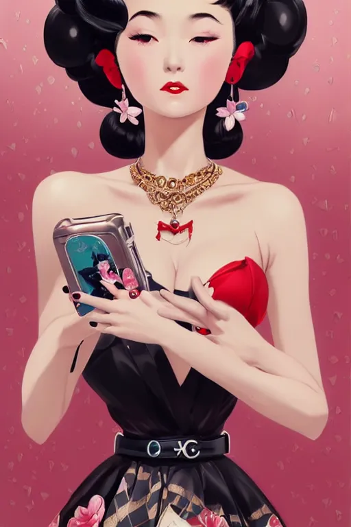 Image similar to a vintage pin up and beautiful fashion dreamlke japan girl with lv jewelry, character art, art by artgerm and wlop and and ilya kuvshinov, hyperdetailed, 8 k realistic, symmetrical,, frostbite 3 engine, cryengine, dof, trending on artstation, digital art, chanel, dior, fantasy background