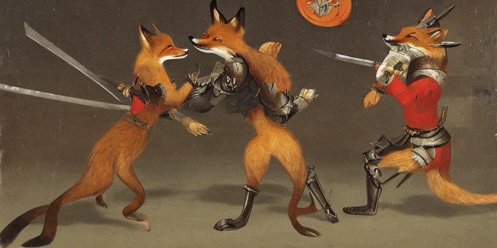 Image similar to an anthropomorphic fox fighting an evil knight who is twice as tall, 1 9 th century painting