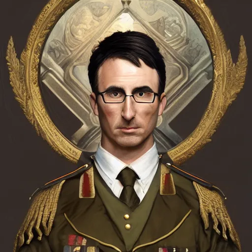 Image similar to portrait of stoic king john oliver, full body, military uniform, muscular, fantasy, intricate, elegant, beautiful, highly detailed, centered, dark, smokey, digital painting, artstation, concept art, smooth, sharp focus, illustration, art by artgerm and greg rutkowski and alphonse mucha