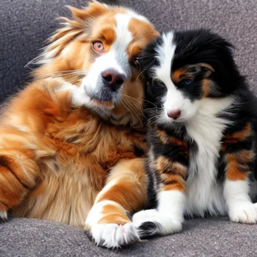 Image similar to australian shepherd cuddling with a maine coon