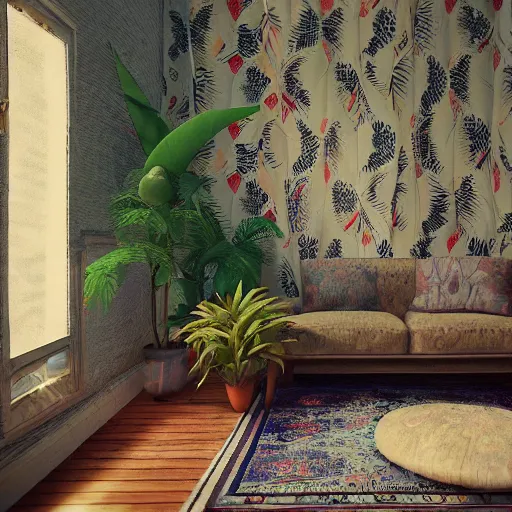 Image similar to 1 9 6 9 living in an older house, hippie pad, hippie chic, antiques, tropical houseplants, beaded curtains, posters on the walls, persian rugs, artstation, octane, 8 k, mildly desaturated.