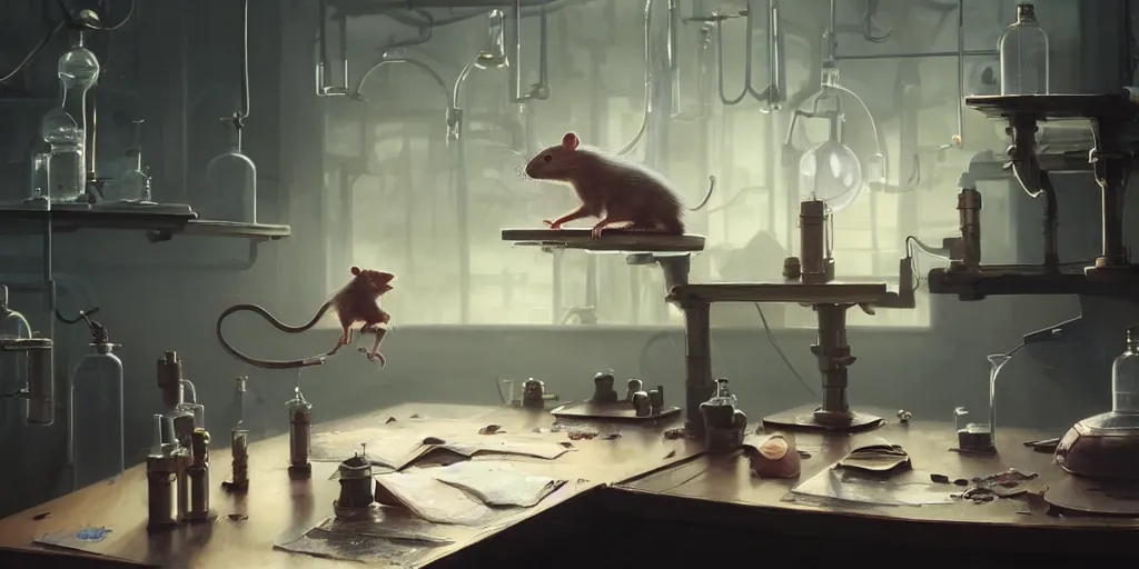 Prompt: rat sitting on a desk in a laboratory with lots of flasks filled with magic liquids and poisonous fog, stephen bliss, unreal engine, fantasy art by greg rutkowski, loish, rhads, ferdinand knab, ilya kuvshinov, rossdraws, tom bagshaw, global illumination, radiant soft light, detailed and intricate environment