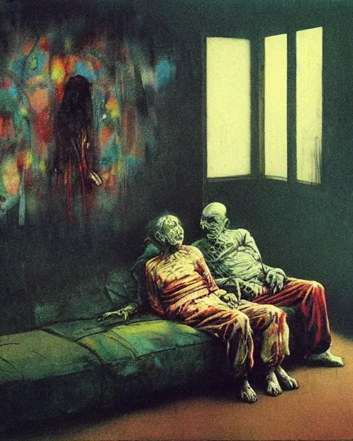 Image similar to early color photo of an old dead couple sitting on a couch in an old soviet apartment, Beksinski painting, part by Adrian Ghenie and Gerhard Richter. art by Takato Yamamoto, Francis Bacon masterpiece