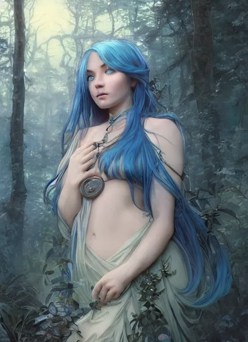 Image similar to stunningly beautiful female blue hair, femma stone face, antasy art, fae priestess, lush forest landscape, dark light night, sharp focus, digital painting, 8 k, concept art, art by wlop, artgerm, greg rutkowski and alphonse mucha