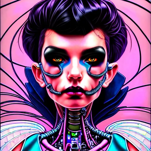 Prompt: portrait painting of a punk cybernetic fairy with beautiful black hair and eyes, sharp focus, award - winning, trending on artstation, masterpiece, highly detailed, intricate. art by josan gonzales and moebius and deathburger