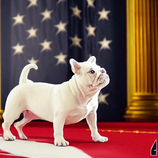 Image similar to A white french bulldog as the president of the united states, running for reelection for the year 2024, 8k hdr movie still, dynamic lighting, detailed