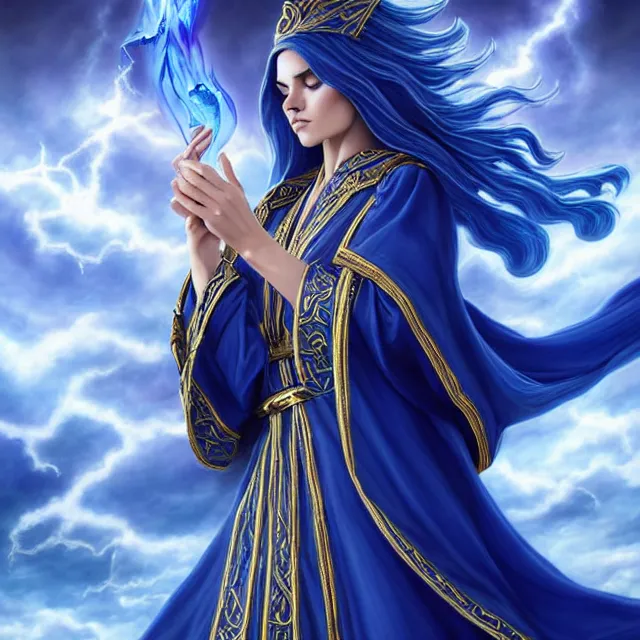 Image similar to beautiful!! elemental sky witch with intricate ornate blue and white robes and sky powers artgerm anne stokes highly detailed 8 k hdr smooth sharp focus high resolution award - winning photo photorealistic