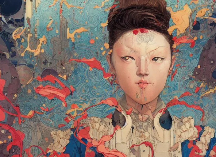 Image similar to orientalism portrait painting by james jean and katsuhiro otomo and erik jones, inspired by akira anime, smooth texture, intricate oil painting, high detail illustration, sharp high detail, long exposure city pop