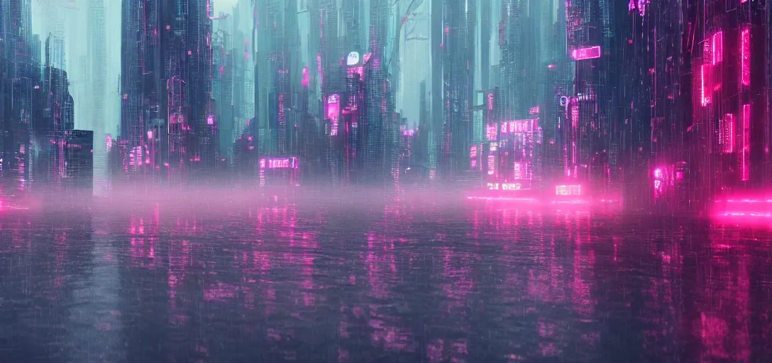 Image similar to Look of an aesthetic cyberpunk skyline, rain, afternoon, pink moody scene, digital art, 8k, moody details