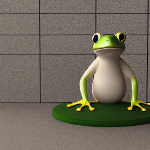 Image similar to a small frog standing on two feet at the hotel reception entry, 3 d render, houdini 3 d, octane 3 d