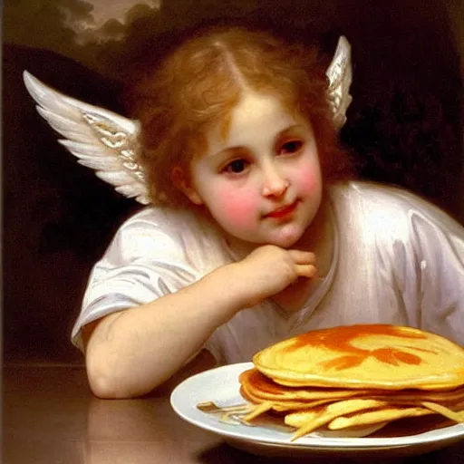 Image similar to an oil painting of an angel inside McDonald's eating pancakes, by Bouguereau, highly realistic and intricate