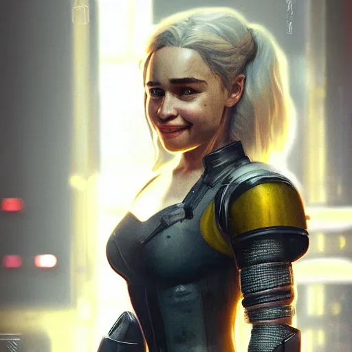 Prompt: Detailed art of Emilia Clarke in armor smiling warmly in Cyberpunk 2077 video game, concept art, poster, detailed, artstation