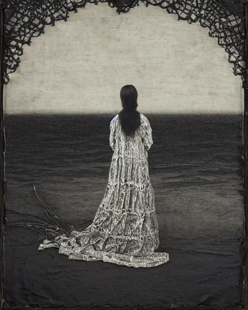 Image similar to a woman standing by the sea, made of intricate decorative lace leaf skeleton, in the style of the dutch masters and gregory crewdson, dark and moody