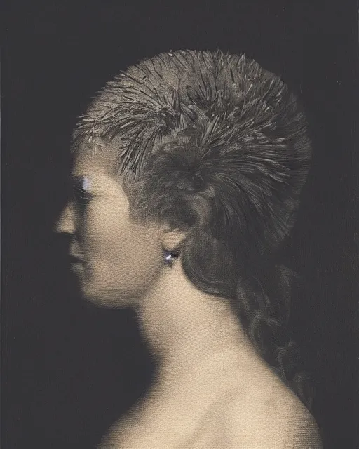 Image similar to a woman's face in profile, made of owl feathers, in the style of the dutch masters and gregory crewdson, dark and moody