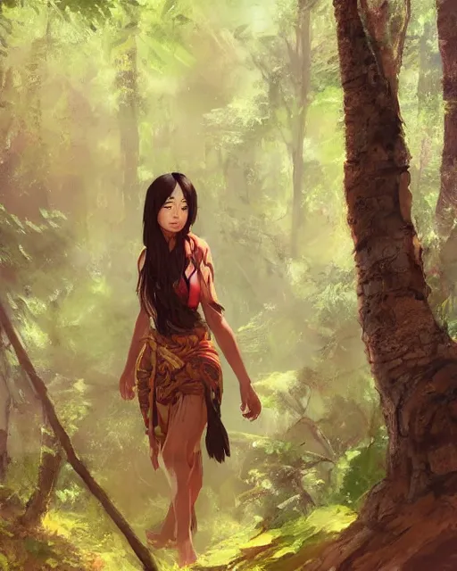 Image similar to an asian tribeswoman woman standing in the woods. By Makoto Shinkai, Stanley Artgerm Lau, WLOP, Rossdraws, James Jean, Andrei Riabovitchev, Marc Simonetti, krenz cushart, Sakimichan, D&D trending on ArtStation, digital art.