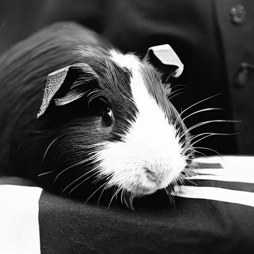 Prompt: a black and white photograph of a guinea pig wearing a russian world war 1 uniform