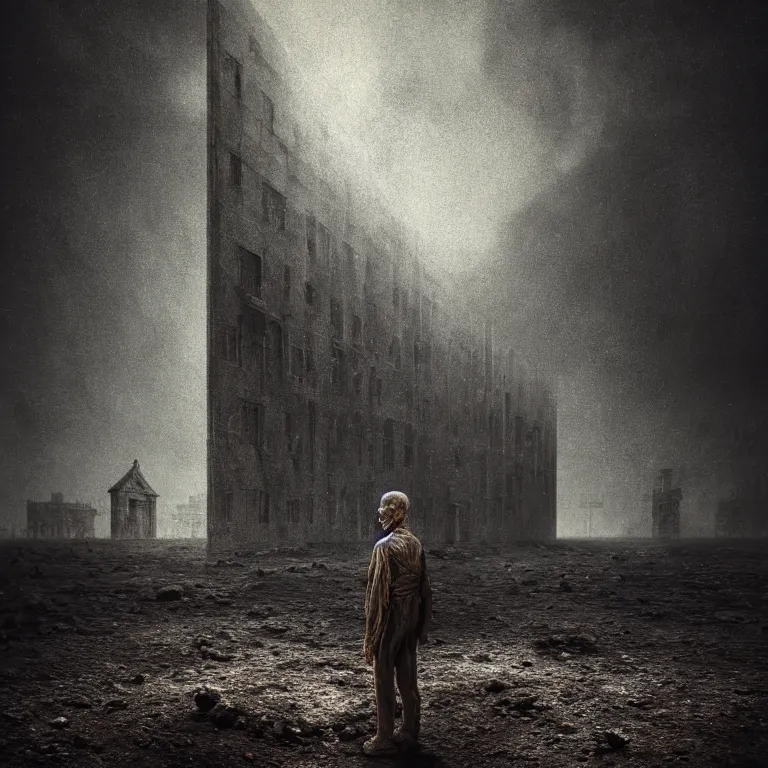 Image similar to ribbed man portrait, baroque painting, standing in a desolate empty wasteland, creepy, nightmare, dream-like heavy atmosphere, surreal abandoned buildings, beautiful detailed intricate insanely detailed octane render trending on Artstation, 8K artistic photography, photorealistic, chiaroscuro, Raphael, Caravaggio, Beksinski, Giger