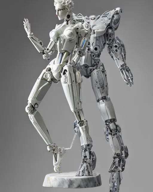 Image similar to marble sculpture of female angel with solarpunk mecha humanoid robotic parts with bright led lights, pudica pose gesture, by michelangelo, in white room, ultra - realistic and intricate, hdr 8 k