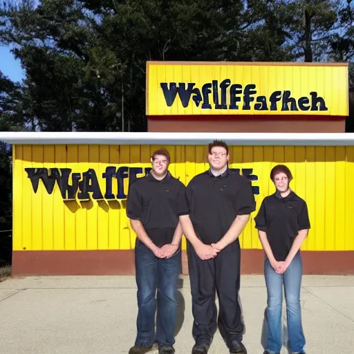 Image similar to wafflehouse employee's standing below wafflehouse sign