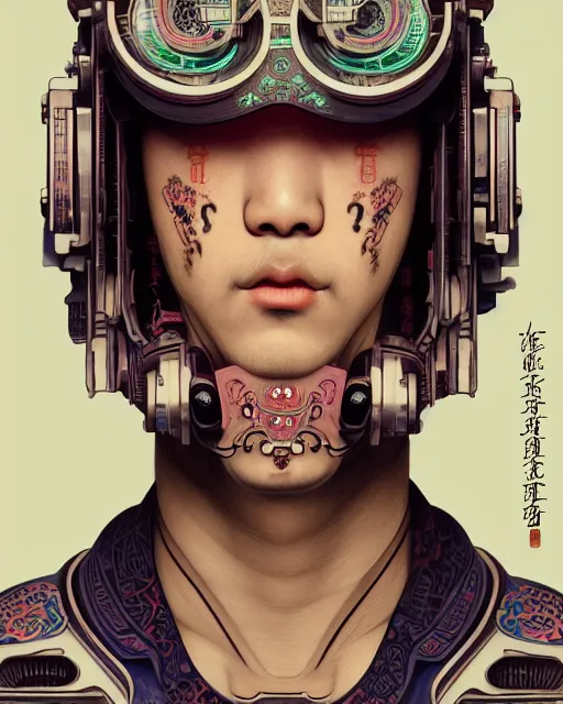 Image similar to portrait of a male cyberpunk machine, machine face, upper half portrait, decorated with chinese opera motifs, asian, fine china, wuxia, traditional chinese art, intricate, elegant, highly detailed, symmetry, headpiece, digital painting, artstation concept art smooth sharp focus, illustration, art by artgerm and greg rutkowski alphonse mucha 8 k