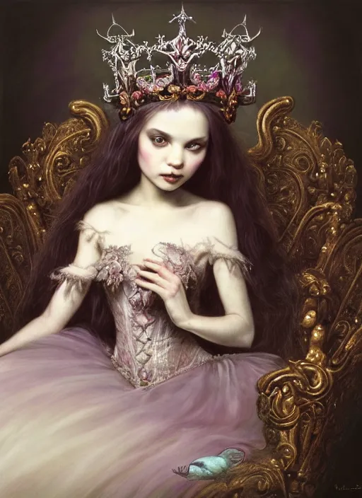 Image similar to highly detailed closeup, portrait of a gothic fairy princess wearing a crown and sitting on a throne eating cakes, unreal engine, nicoletta ceccoli, mark ryden, earl norem, lostfish, global illumination, detailed and intricate environment