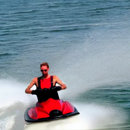 Image similar to (doctor Michael Morbius) riding a jet ski