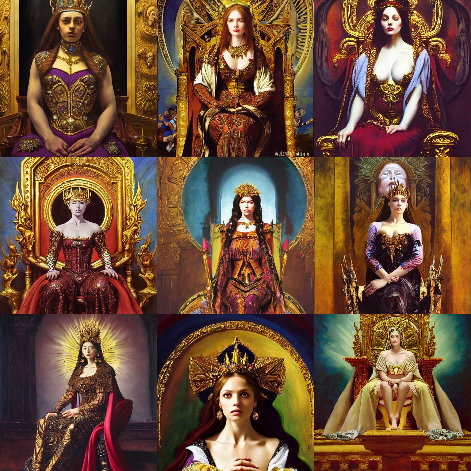 Prompt: Realistic painting of beautiful evil priestess woman in detailed costume, sitting on a throne in a throne roome in a palace dramatic lighting, high-detailed oil painting by Ilya Repin, William Blake, Michelangelo da Caravaggio, Alex Grey and Beksinski, masterpiece, 4k